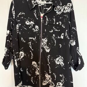 Simply Noelle Black White Floral Zip Front Collared Shirt Top Women L/XL 12-14